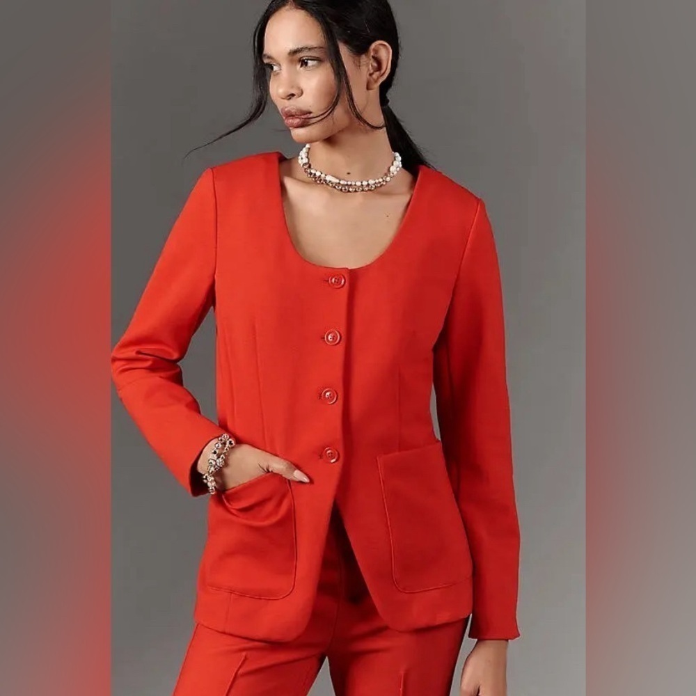 NWT! Anthropologie Maeve Red Scoop-Neck Cutaway Blazer - Size Medium 🎾☂️